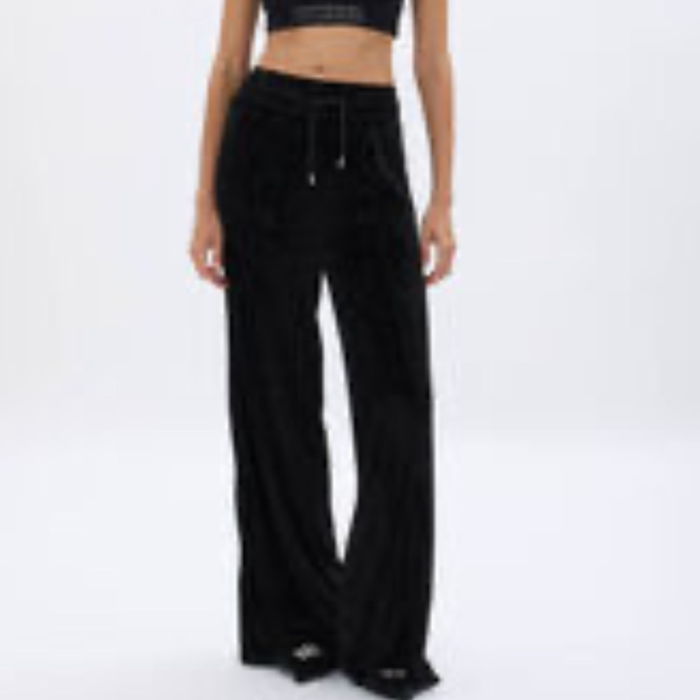 Sonia Rykiel Women Large Black Velvet Wide Leg Pull On Track Lounge Pants Sweats